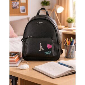 Karl Lagerfeld Paris Khloe Black Backpack Logo Straps Eiffel Tower Pins New With